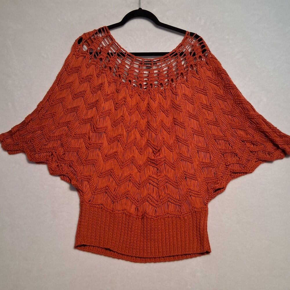 Roz & Ali L/XL Sweater Open Knit Burnt Orange Bat Wing Sleeve Layering Whimsy